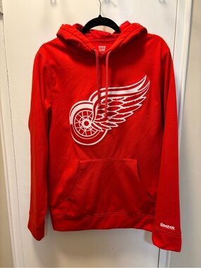 Reebok Red Pullover Hoodie with White Detroit Wings Logo